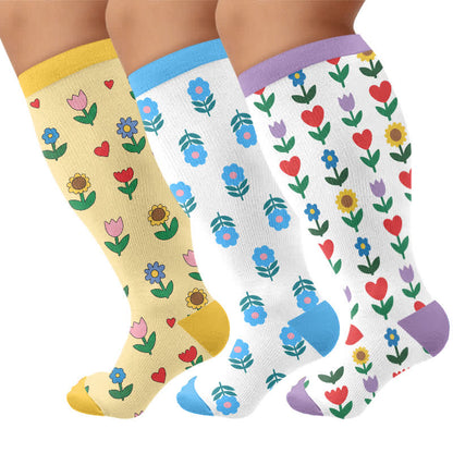 Plus Size Pastel Daisy Compression Socks - Multicolor(3 Pairs) - 4XL - image 4