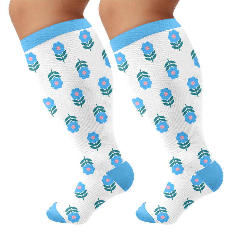 Plus Size Pastel Daisy Compression Socks - Blue(1 Pair) - 4XL - image 8