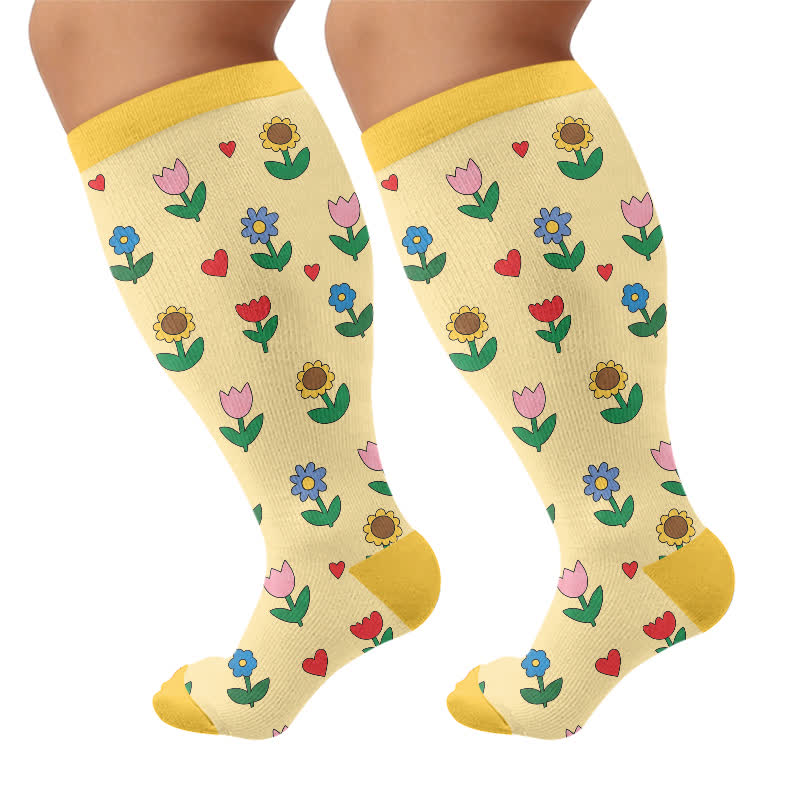 Plus Size Pastel Daisy Compression Socks - Yellow(1 Pair) - 4XL - image 9