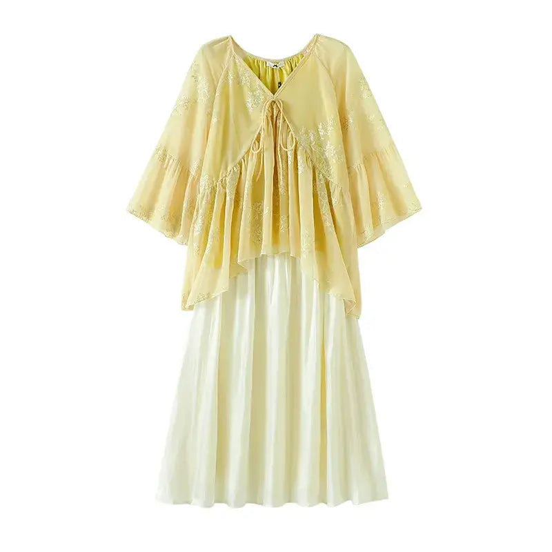 Plus Size Yellow Floral Cape Top Maxi Skirt Set - 2Pcs Set - 6XL - image 0