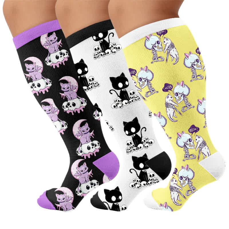 Plus Size Skull Moon Cat Compression Socks - Multicolor(3 Pairs) - 4XL - image 4