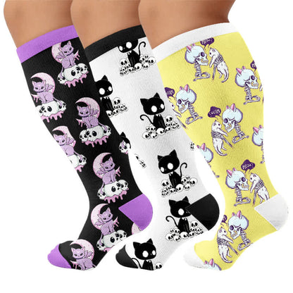 Plus Size Skull Moon Cat Compression Socks - Multicolor(3 Pairs) - 4XL - image 4