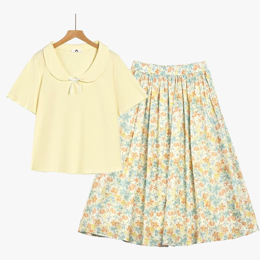 Plus Size Peter Pan Collar Floral Skirt Set - 2Pcs Set - 6XL - image 0