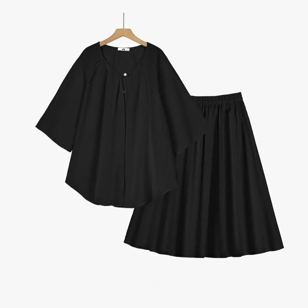 Plus Size Solid Loose Cotton Linen Top and Skirt Set - 2Pcs Set - Black - 6XL - image 2