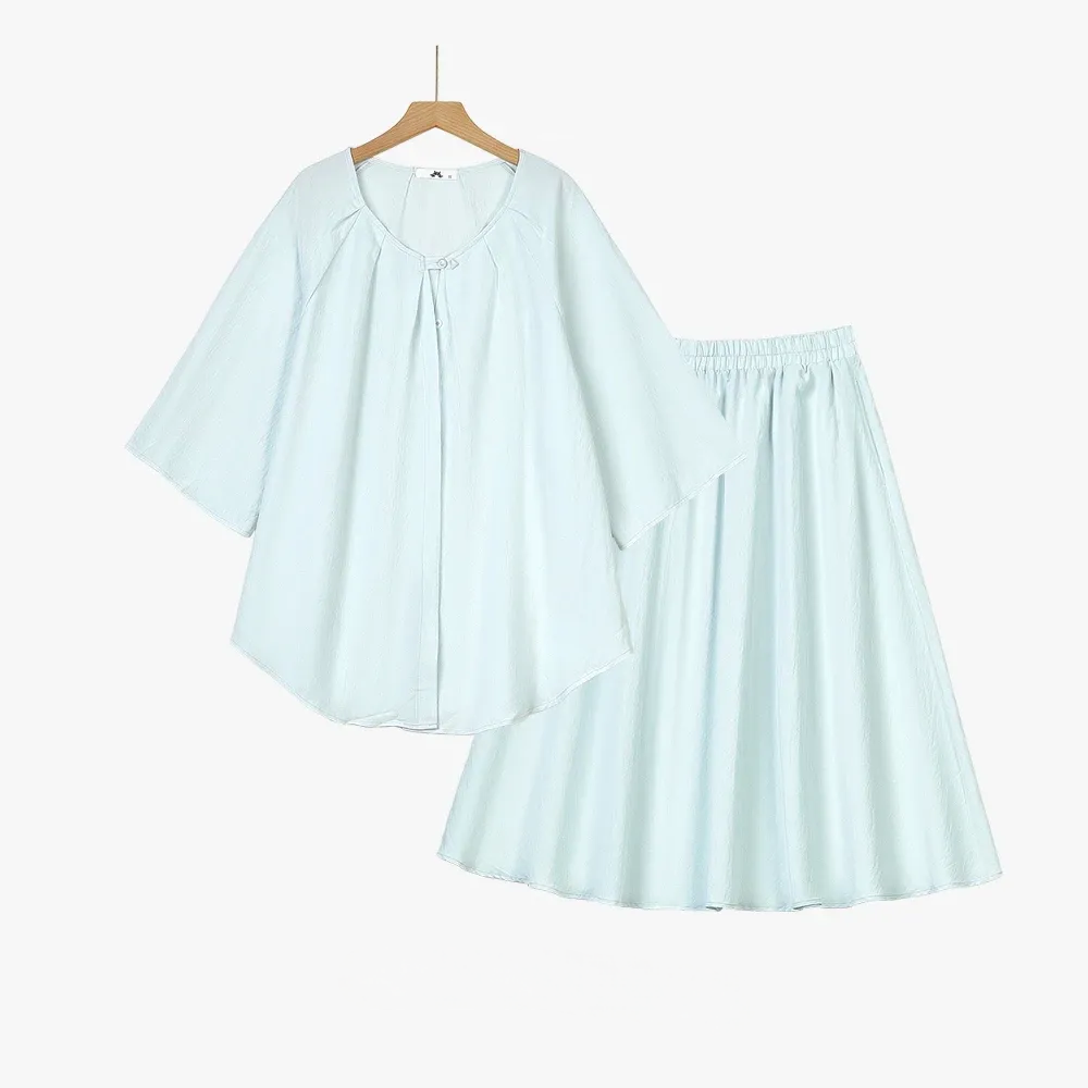 Plus Size Solid Loose Cotton Linen Top and Skirt Set - 2Pcs Set - Blue - 6XL - image 1