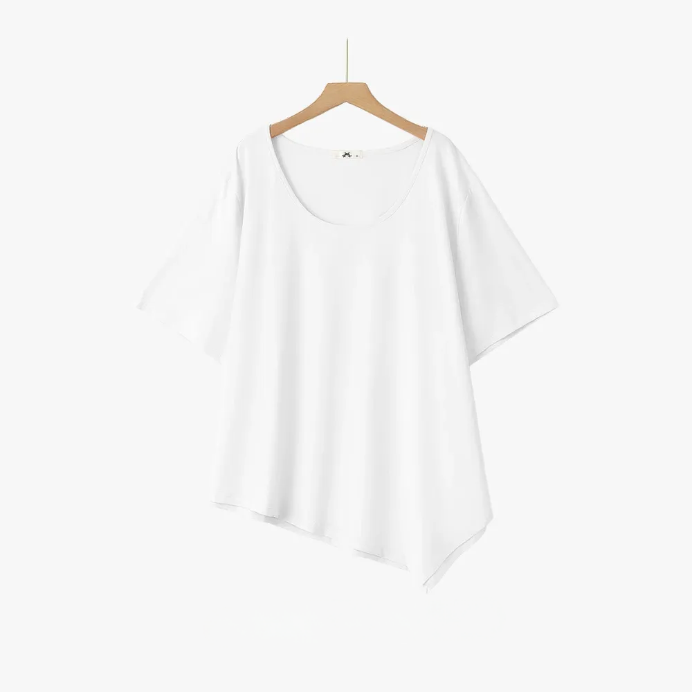 Plus Size Asymmetric Hem Cotton Blouse - White - 6XL - image 2