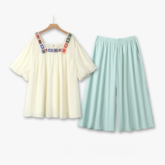Boho Embroidered Square Neck Top and Wide Leg Pants Set - 2Pcs Set - 6XL - image 0