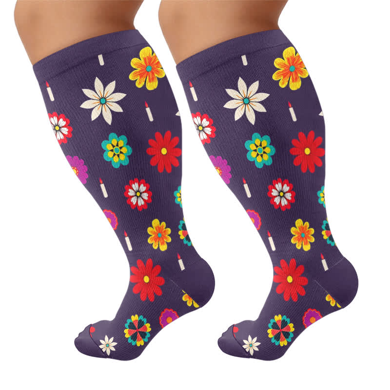Plus Size Midnight Skull Floral Compression Socks - Purple - 4XL - image 8