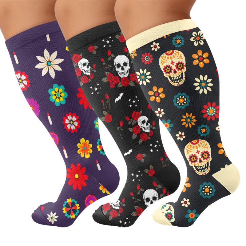 Plus Size Midnight Skull Floral Compression Socks - image 4