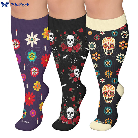 Plus Size Midnight Skull Floral Compression Socks - image 0