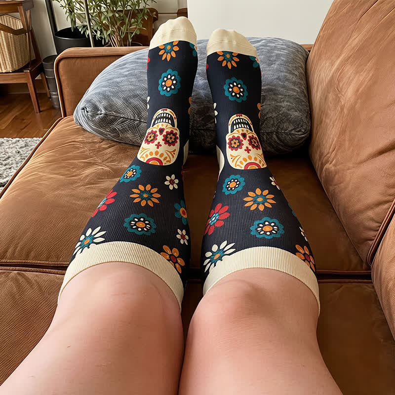 Plus Size Midnight Skull Floral Compression Socks - image 2
