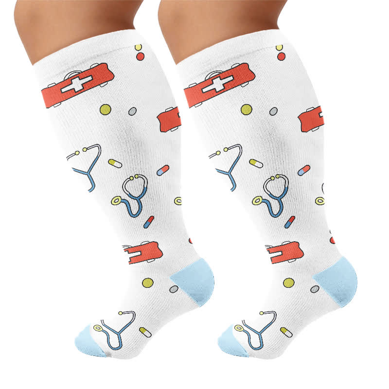 Plus Size Nurse Print Compression Socks(3 Pairs) - White - 4XL - image 9
