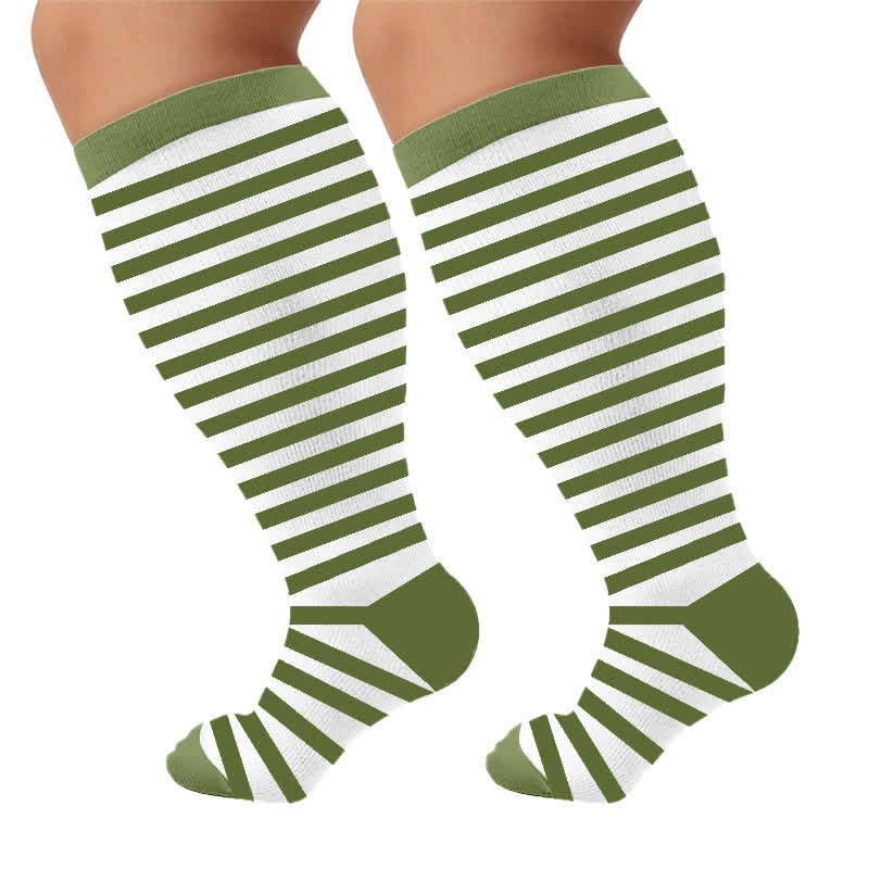 Plus Size Retro Tricolor Stripes Compression Socks - Green(1 Pair) - 4XL - image 10