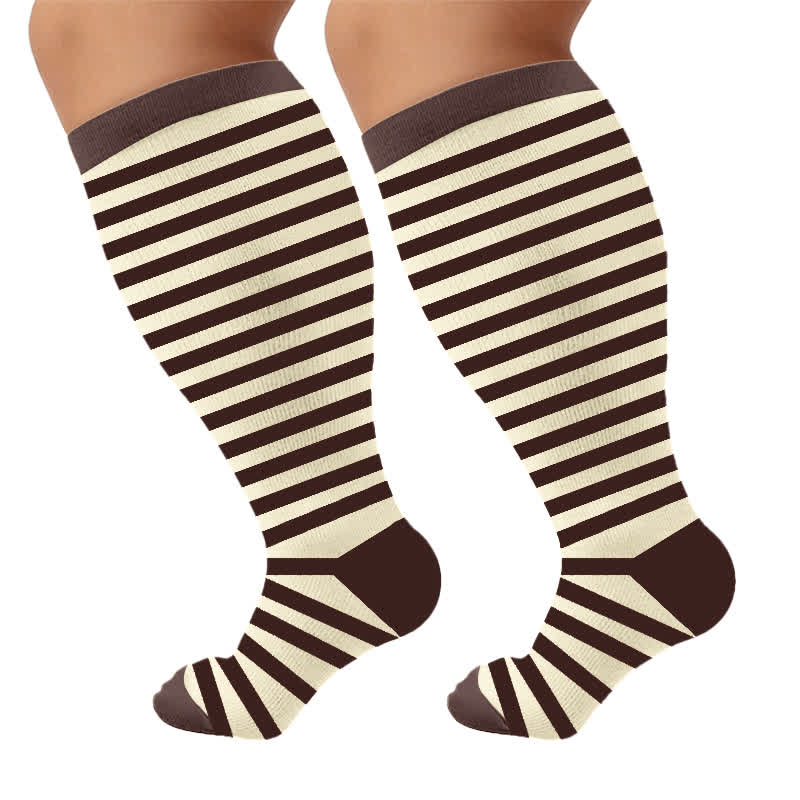 Plus Size Retro Tricolor Stripes Compression Socks - Brown(1 Pair) - 4XL - image 9