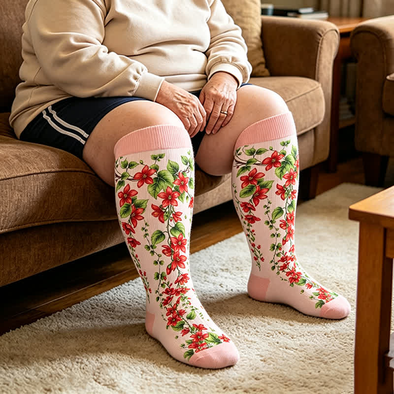 Plus Size Morning glory Compression Socks - Pink(1 Pair) - 4XL - image 2
