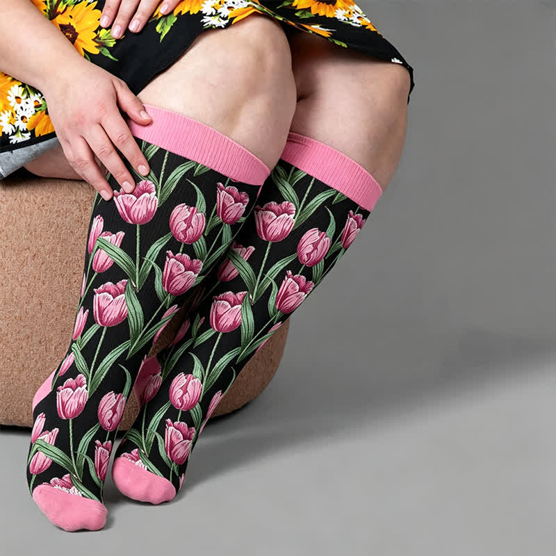 Plus Size Tulip Bloom Compression Socks - Black(1 Pair) - 4XL - image 1