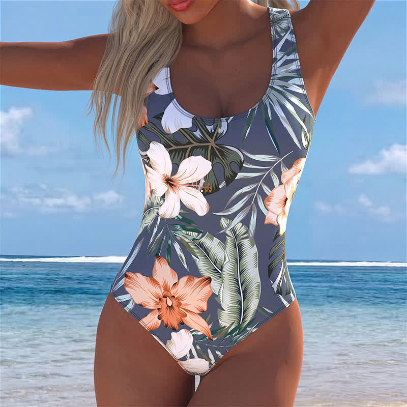 Vacation Wide Strap Tropical Floral One-Piece Swimsuit - Grey - 4XL - image 0