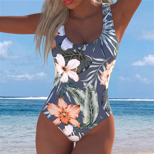 Vacation Wide Strap Tropical Floral One-Piece Swimsuit - Grey - 4XL - image 0