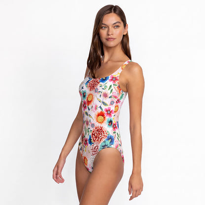 Multi Flower Tiger Rabbit Print Wide Strap One-Piece Swimsuit - White - 4XL - image 0