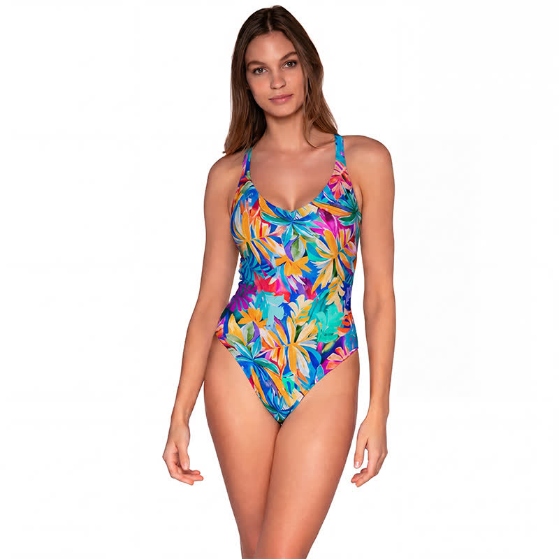 Multi Flower Tiger Rabbit Print Wide Strap One-Piece Swimsuit - Blue - 4XL - image 5