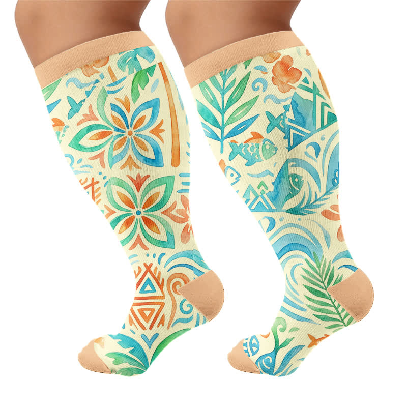 Plus Size Boho Floral Compression Socks - Yellow(1 Pair) - 4XL - image 8