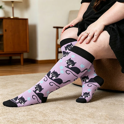 Plus Size Pink Stripe Cat Compression Socks - Purple(1 Pair) - 4XL - image 1