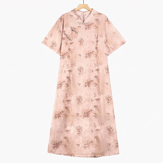 Floral Mandarin Collar Short Sleeve Midi Dress - Pink - 6XL - image 0