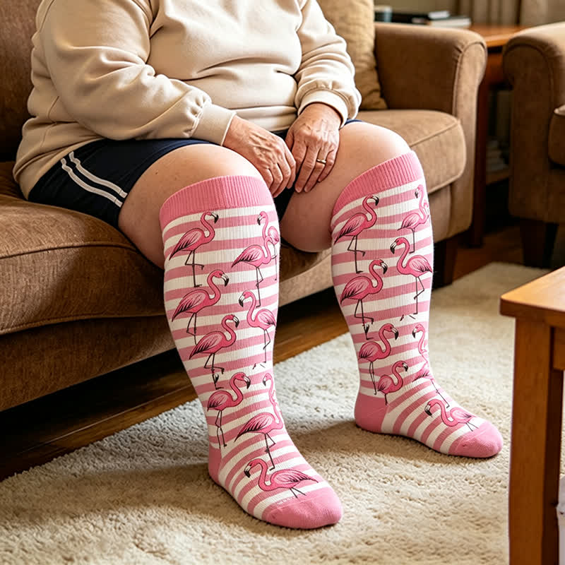 Plus Size Flamingo Stripe Compression Socks - Pink - 4XL - image 2