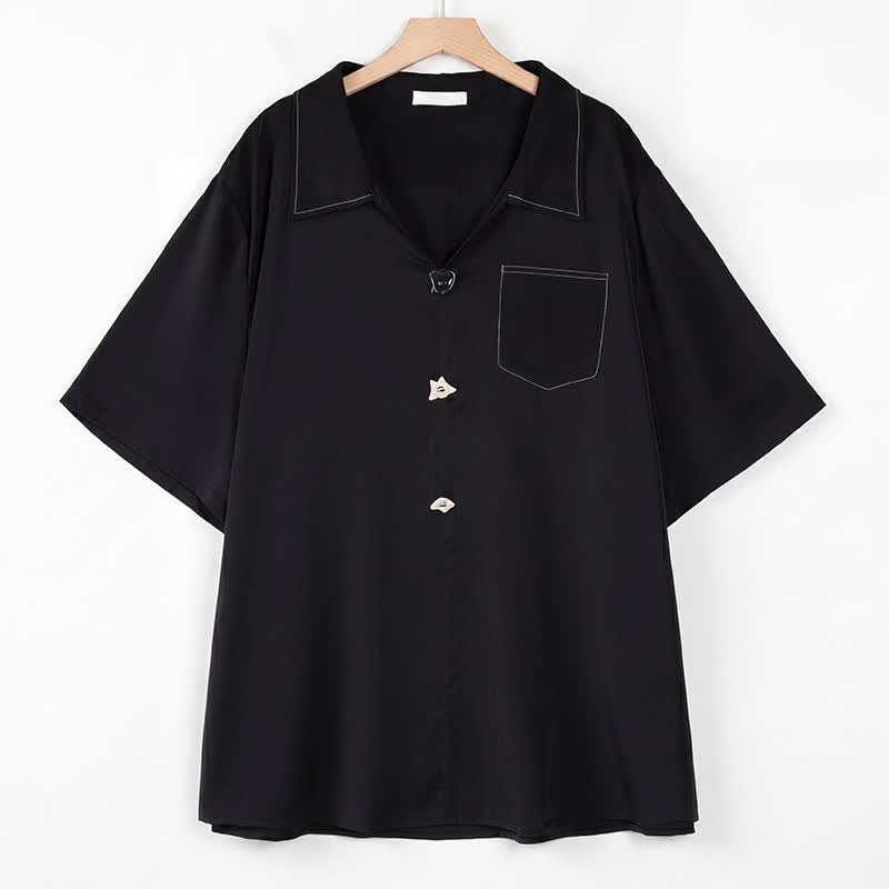 Plus Size Contrast Stitch Camp Collar Shirt Blouse - Black - 4XL - image 6