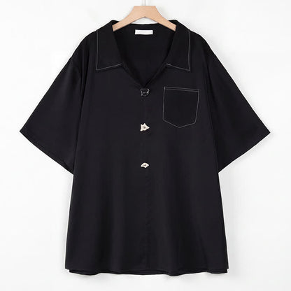 Plus Size Contrast Stitch Camp Collar Shirt Blouse - Black - 4XL - image 6