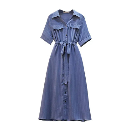 Plus-Size Striped Belted Skirt Midi Dress - Blue - 6XL - image 8