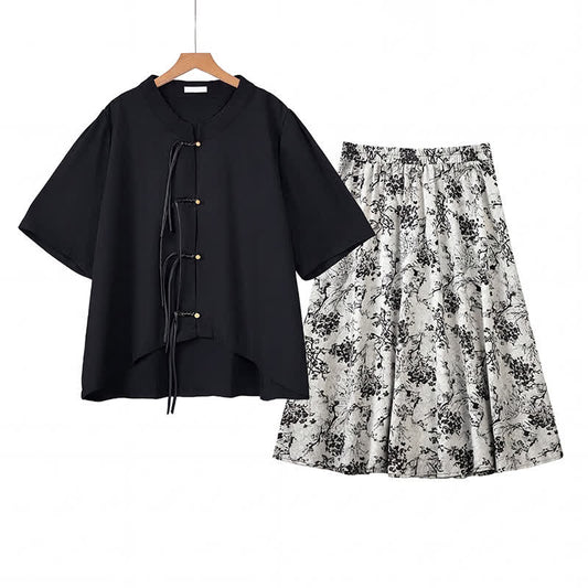 Plus Size Ink Floral Knot Detail Top And Skirt Set - 2Pcs Set - 6XL - image 0