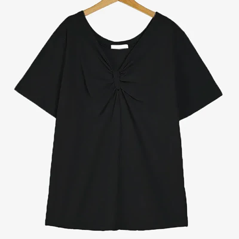 Plus Size Twist Front V Neck Cotton Stretch Blouse - Black - 6XL - image 5