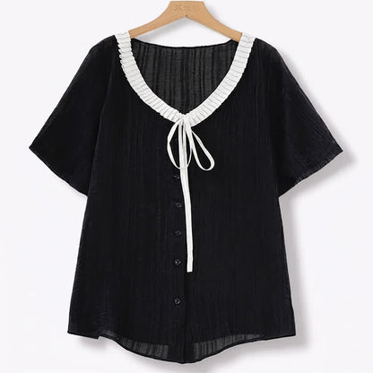 Plus Size Ruffle Tie Neck Top - Black - 6XL - image 0