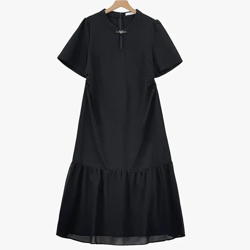 Plus Size Elegant Keyhole Neck Ruffle Hem Midi Dress - Black - 6XL - image 0