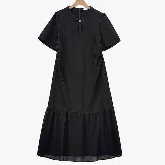 Plus Size Elegant Keyhole Neck Ruffle Hem Midi Dress - Black - 6XL - image 0