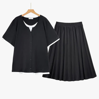 Soft Cotton Blend Contrast Trim Skirt Set - Black - 6XL - image 5