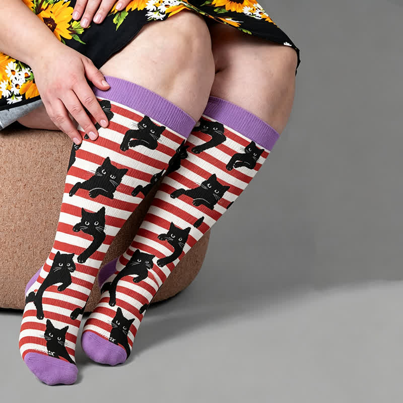 Plus Size Red Stripe Cat Compression Socks - Purple - 4XL - image 2