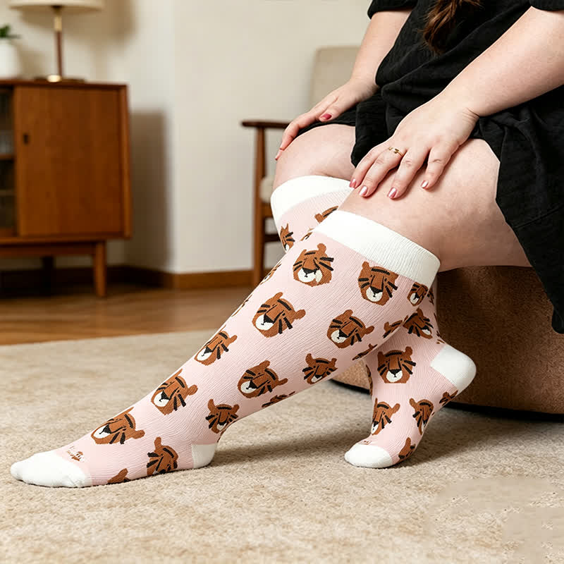 Plus Size Colorblock Animal Compression Socks - Pink - 4XL - image 3