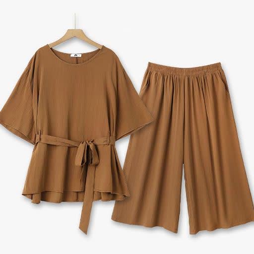 Relaxed Belted Top and Wide Leg Pants Set - 2Pcs Set - 6XL - image 0