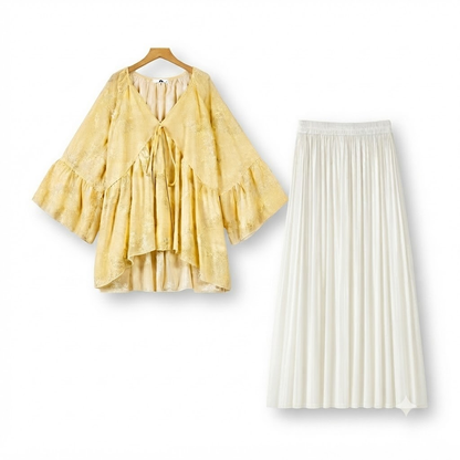 Plus Size Yellow Floral Cape Top Maxi Skirt Set - 2Pcs Set - 6XL - image 0