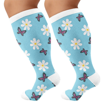 Plus Size Daisy Butterfly Compression Socks - Blue - 4XL - image 10