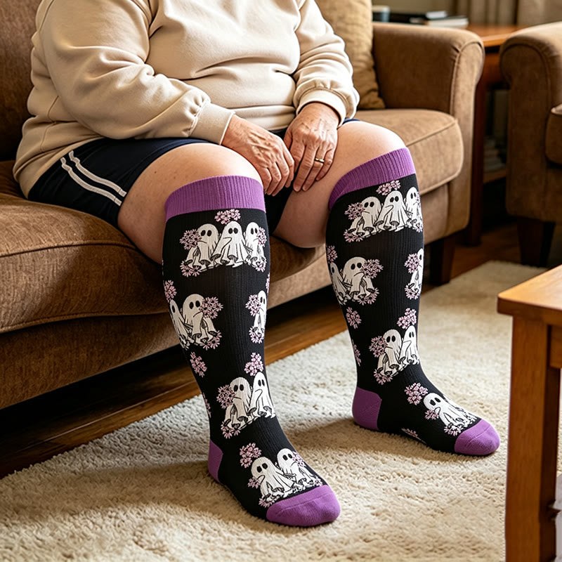 Plus Size Cute Spooky Compression Socks - Purple - 4XL - image 1