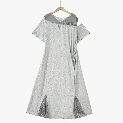 Plus Size Ruched Waist Mesh V Neck Short Sleeve Midi Dress - Grey - 6XL - image 2