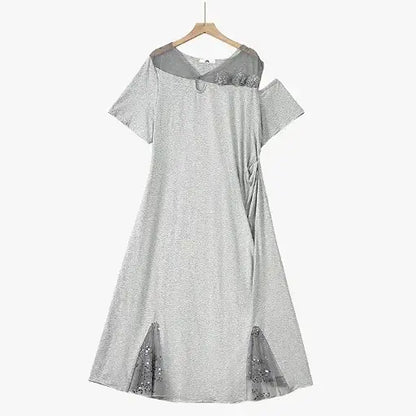 Plus Size Ruched Waist Mesh V Neck Short Sleeve Midi Dress - Grey - 6XL - image 2