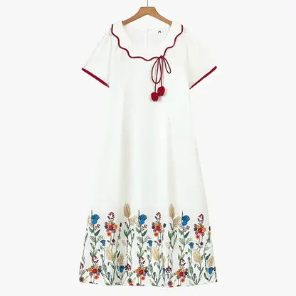 Plus Size Short Sleeve Tassel Tie Floral Midi Dress - White - 6XL - image 0