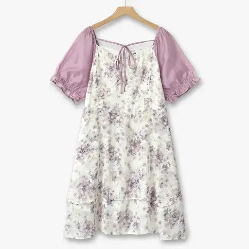 Plus Size Square Neck Puff Contrast Floral Tiered A-line Sundresses - Purple - 6XL - image 0