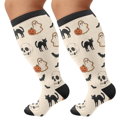 Plus Size Cartoon Pumpkin Cat Ghost Compression Socks - Beige - 4XL - image 8