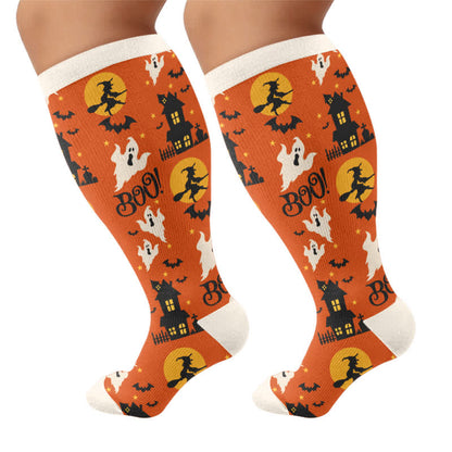 Plus Size Halloween Pumpkin Cat Ghost Compression Socks - Brown - 4XL - image 8