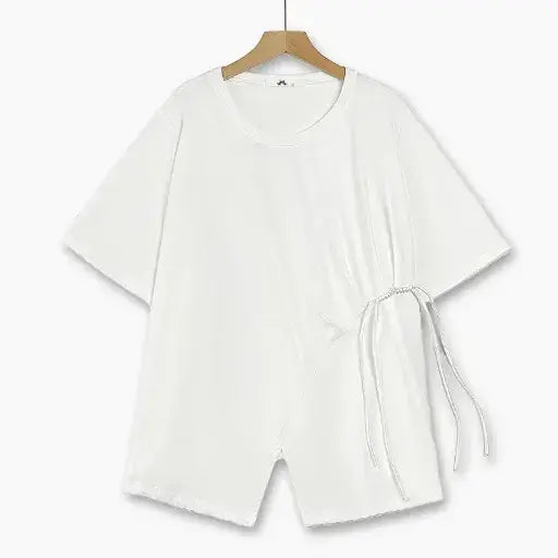 Plus Size Round Neck Short Sleeve Drawstring Tunic Top - White - 6XL - image 2